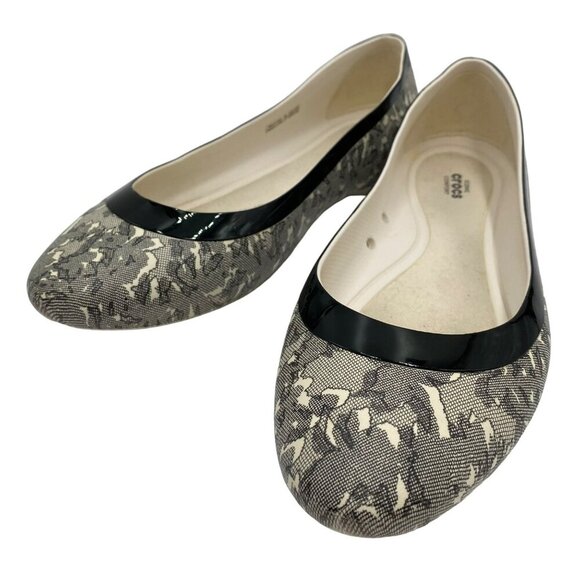 Crocs Lina Ballet Flats Oyster White/Black Print Slip On Women's Size 9 - Picture 1 of 12